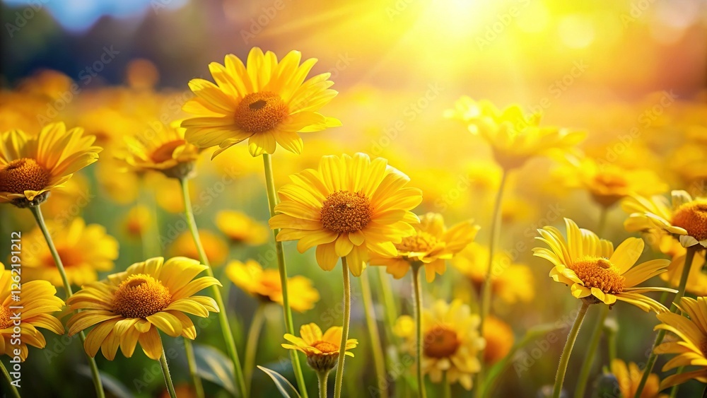 Vibrant Yellow Compositae Flowers Background with Copy Space for Text or Design Vibrant Yellow Compositae Flowers Background with Copy Space for Text or Design