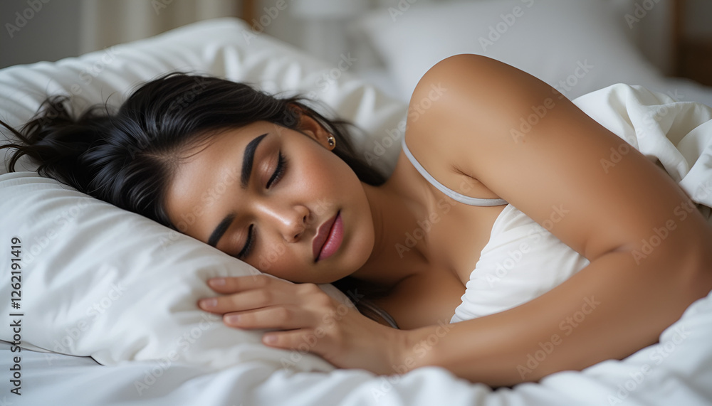 Fototapeta premium Indian woman sleeping well with soft white pillow and fresh bedding.