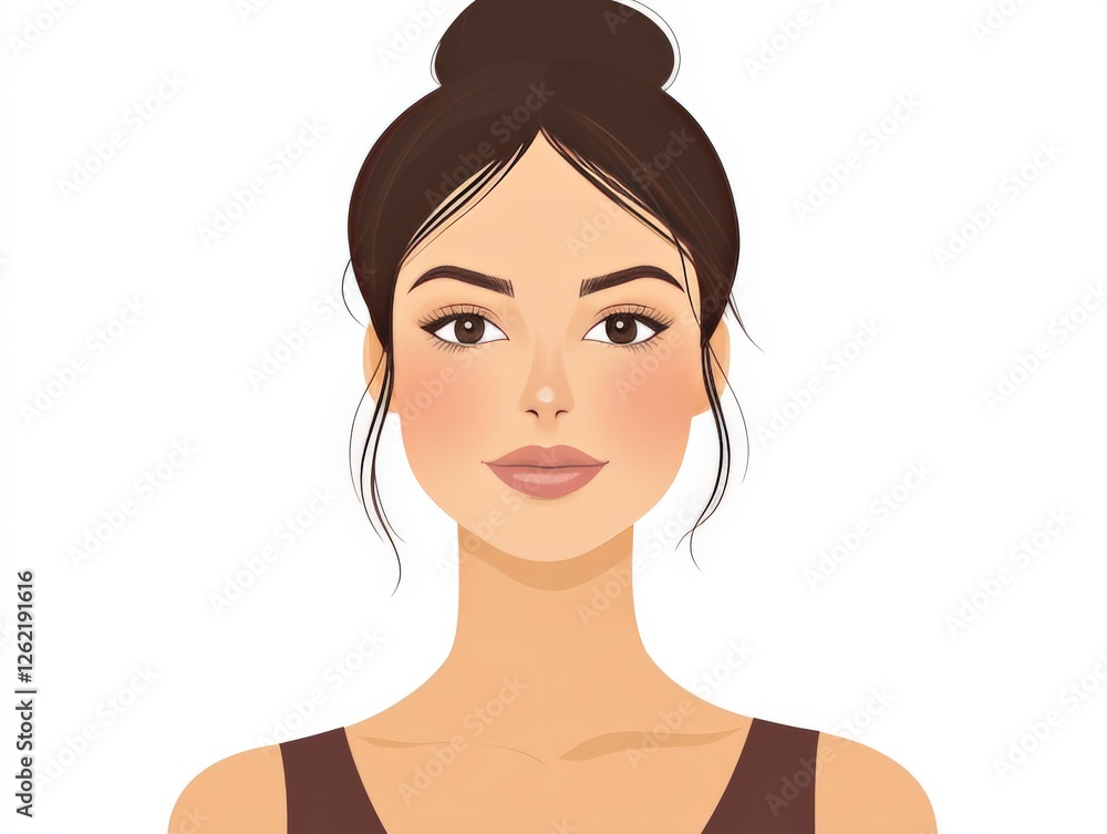 Detailed close up portrait of a young woman with flawless skin and natural makeup, emphasizing beauty, symmetry, and artistic minimalism for skincare or beauty focused projects