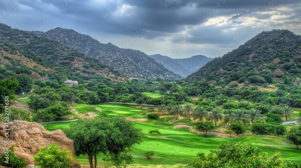 Naklejka premium Mountain golf course landscape under dramatic sky