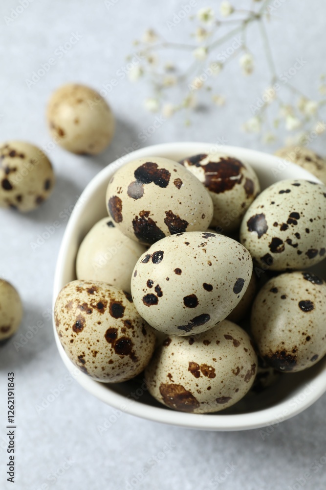 Quail eggs in a plate on gray background Quail eggs in a plate on gray background