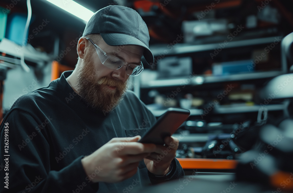 man with beard and glasses uses smartphone in workshop man with beard and glasses uses smartphone in workshop