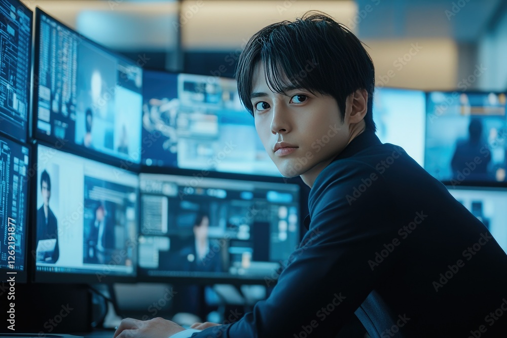 Young man monitoring data center screens Young man monitoring data center screens