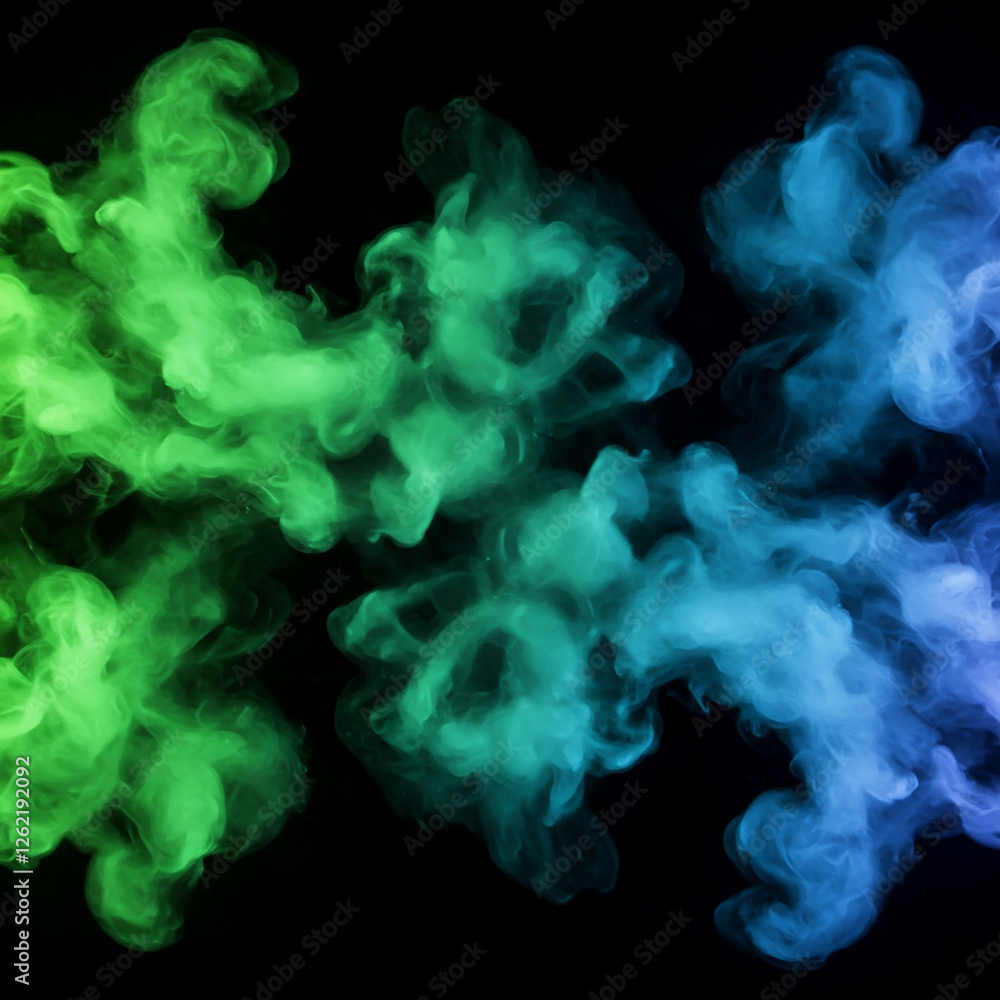 Fototapeta premium abstract background with blue green smoke. Abstract backdrop cloud of green and blue smoke on a black isolated background. soft mystery horror design, spooky background.
