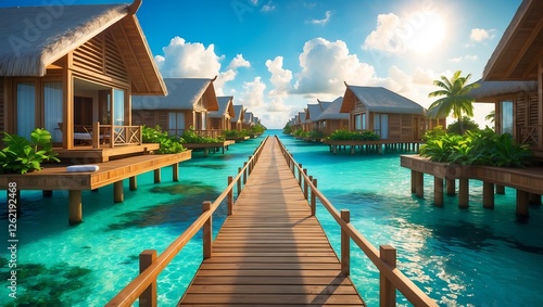 Fototapeta Naklejka Na Ścianę i Meble -  Long wooden bridge connects several small wooden houses on a beach