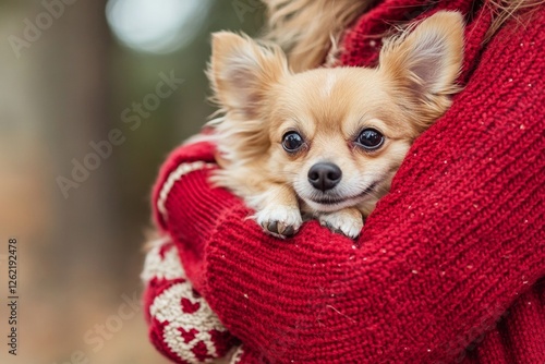 Cozy chihuahua in red knit sweater embraced by woman outdoors