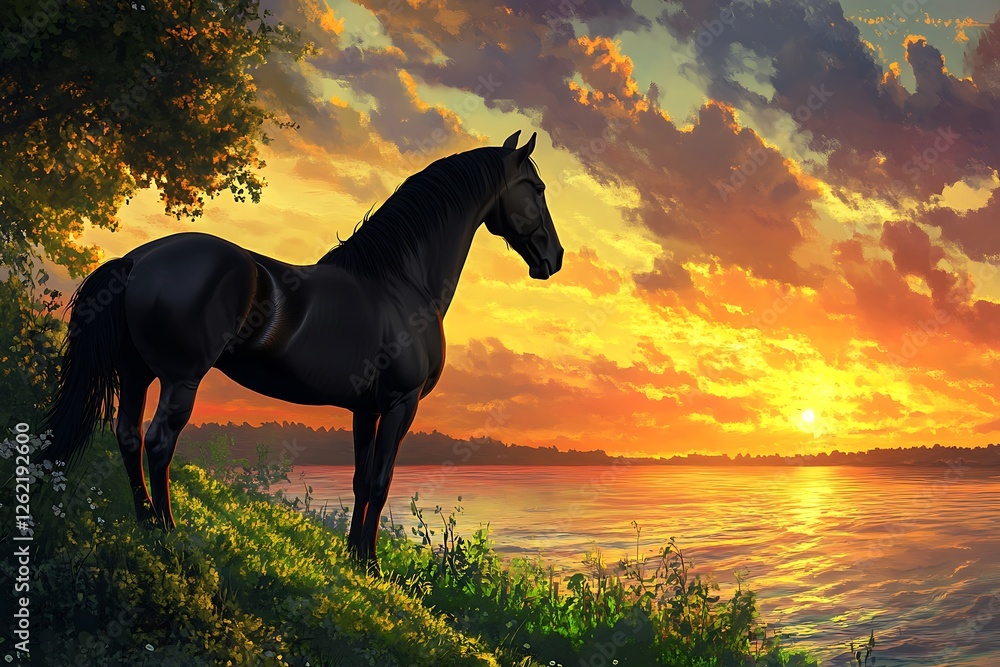 A beautiful horse silhouetted against a vibrant sunset as it stands on the edge of a lush green meadow, capturing the tranquility of twilight in a stunning display. A beautiful horse silhouetted against a vibrant sunset as it stands on the edge of a lush green meadow, capturing the tranquility of twilight in a stunning display.