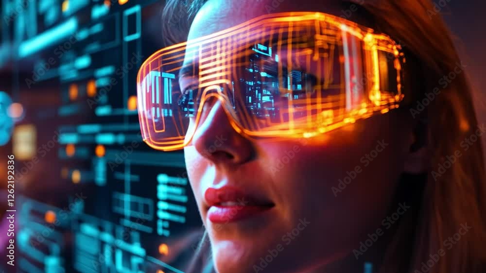 Visionary in Futuristic Eyewear: A woman, bathed in the glow of a digital world, gazes intently. She wears futuristic glasses that overlay information, hinting at innovation and progress.