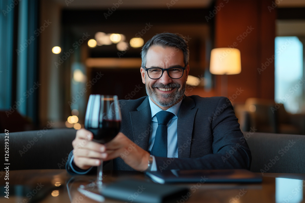 business professional in stylish hotel room smiling with glass of wine business professional in stylish hotel room smiling with glass of wine