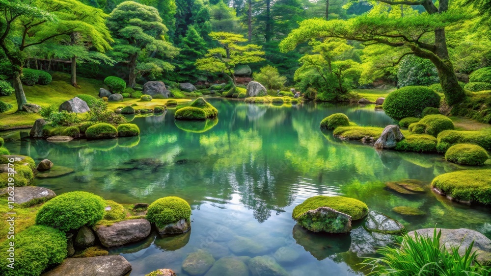 Serene Pond in a Lush Green Garden with Mossy Rocks and Reflecting Trees Serene Pond in a Lush Green Garden with Mossy Rocks and Reflecting Trees