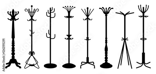 Hat and coat rack stands, vector set of black hanger silhouettes, showcasing traditional and modern styles. Elegant and classic interior pieces for hanging clothes and decorating home hallways