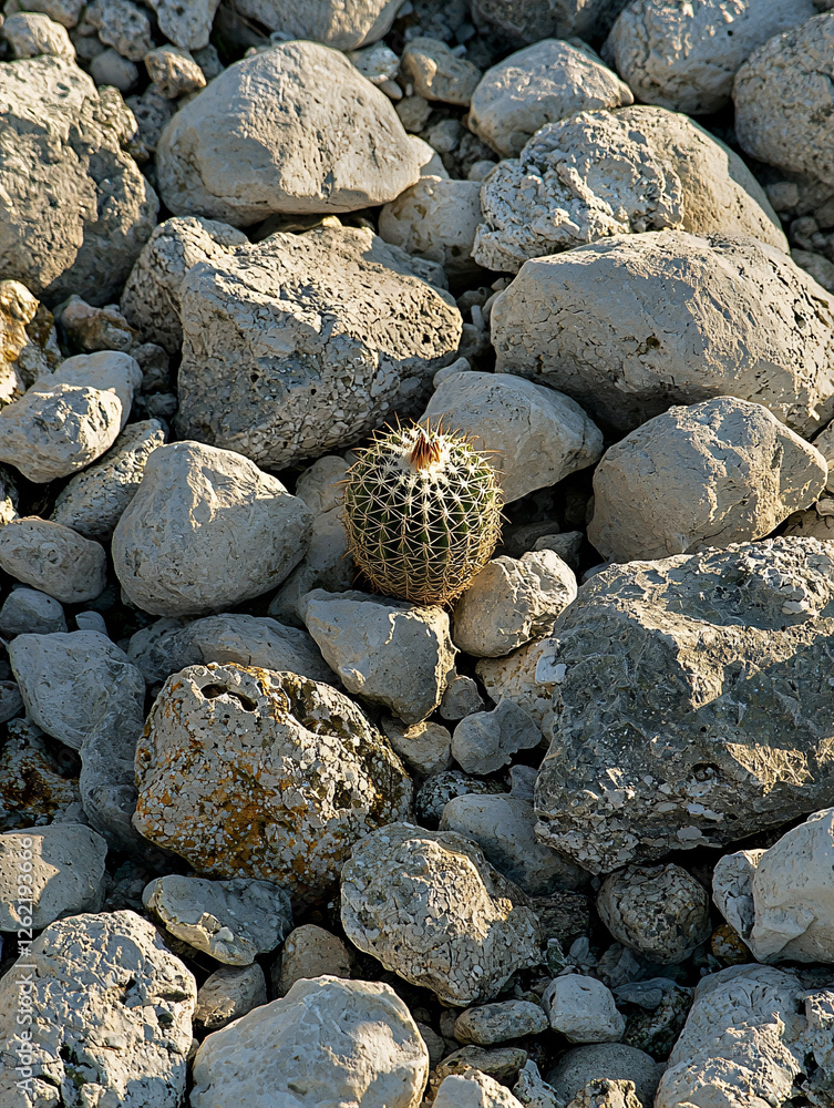 A round cactus nestled among light-colored rocks and stones, catching the sunlight. A round cactus nestled among light-colored rocks and stones, catching the sunlight.