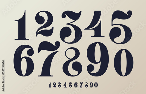 Vintage decorative numbers font from 0 to 9. Vector black numerals with elegant and intricate style, features curve ornate details. Victorian, classic, vintage digits, royal typographic numbers set