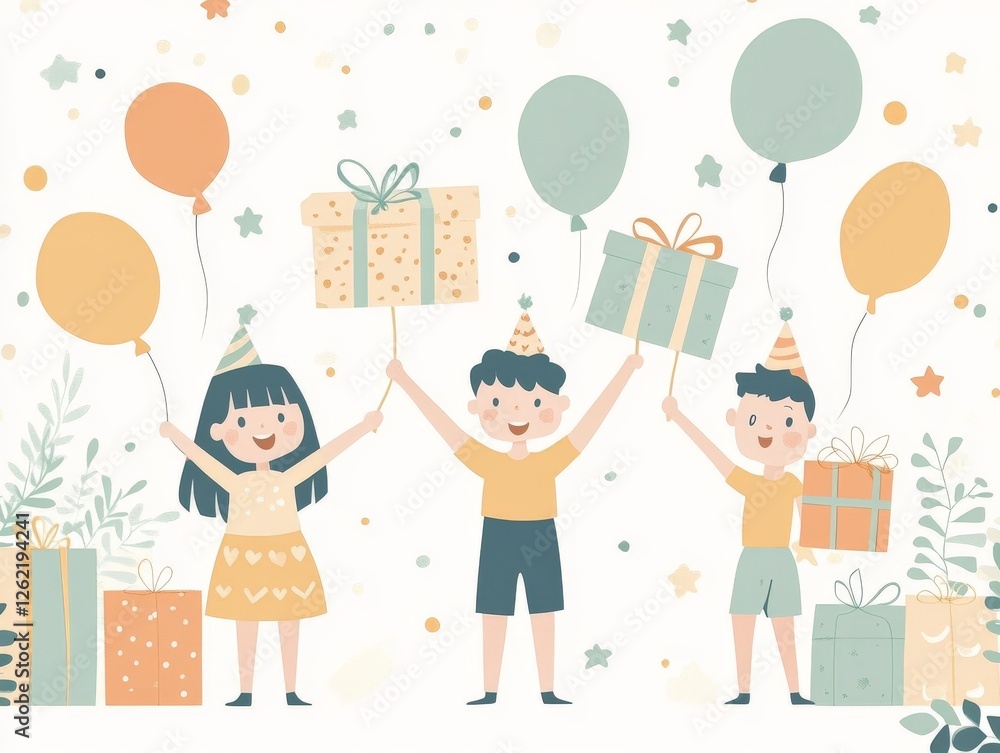 Playful children celebrating with colorful balloons, wrapped gifts, and cheerful decorations in a vibrant party vector ideal for festive and family themes Playful children celebrating with colorful balloons, wrapped gifts, and cheerful decorations in a vibrant party vector ideal for festive and family themes