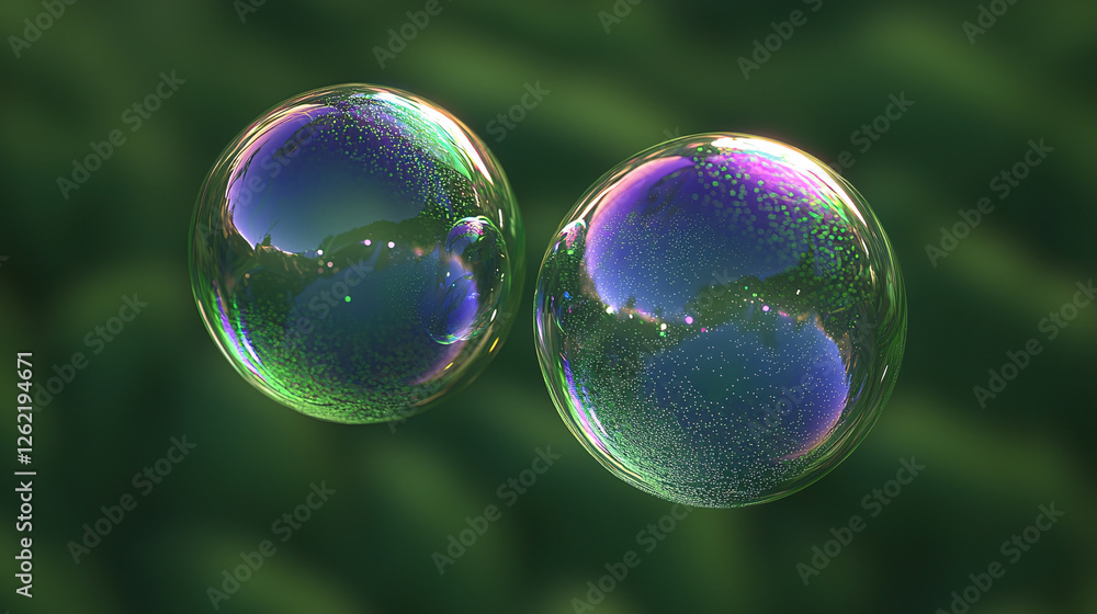 Two iridescent soap bubbles float against a soft green backdrop, reflecting light and showing swirling colors. Two iridescent soap bubbles float against a soft green backdrop, reflecting light and showing swirling colors.
