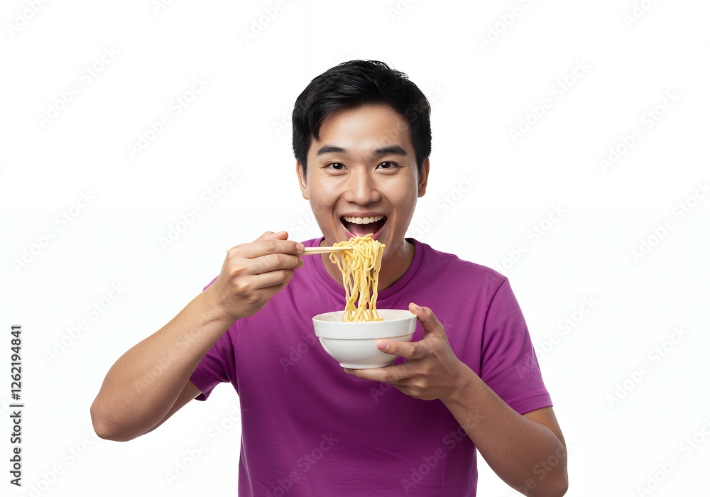 Happy Young Man Enjoying Noodles with Chopsticks on White Background Happy Young Man Enjoying Noodles with Chopsticks on White Background