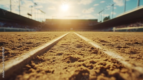 96. A long jump pit with the sand and starting line clearly visible in a stadium photo