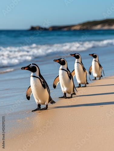 Wallpaper Mural Penguins walking along the shoreline beach nature photography coastal environment eye-level view wildlife concept Torontodigital.ca