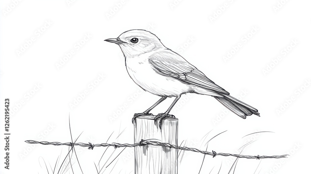 Fototapeta premium Sketch of a small bird perched on a wooden post with barbed wire