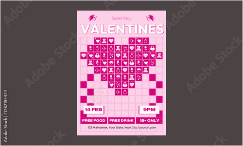 Valentines Party Flyer. Valentines day. Templates Festive gift card with realistic 3d design elements. Holiday banners, web poster, flyers and brochures, greeting card
