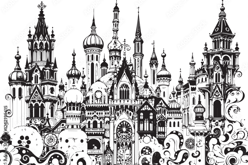 Obraz premium Gothic City landscape. Different buildings on street, outline cityscape hand sketch, flat houses. Hand drawn vector illustration
