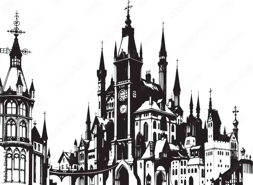 Gothic City landscape. Different buildings on street, outline cityscape hand sketch, flat houses. Hand drawn vector illustration Gothic City landscape. Different buildings on street, outline cityscape hand sketch, flat houses. Hand drawn vector illustration