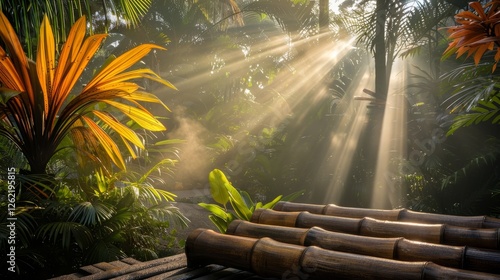 Close up of geothermal piping in a beautifully landscaped garden with lush plants and sunlight