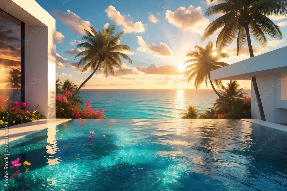 Fototapeta premium Pool with a view of the ocean and palm trees