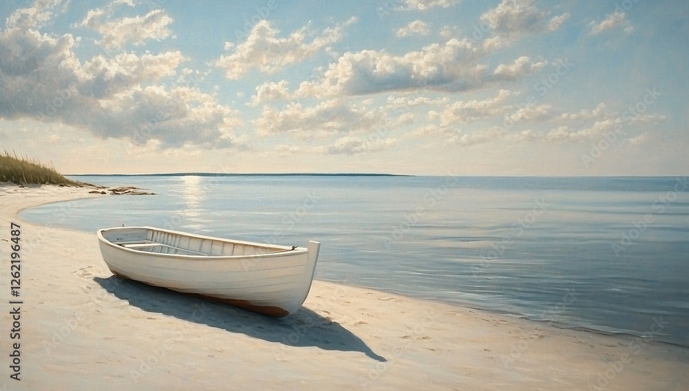 Seascape Painting: White Boat on Sandy Beach Under Cloudy Sky, Tranquil Coastal Scene at Daybreak Seascape Painting: White Boat on Sandy Beach Under Cloudy Sky, Tranquil Coastal Scene at Daybreak