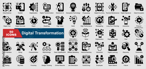 Digital Transformation collection set. Data Science, Ewallet, Digitalization, Digital Transformation, Electronic Id, Geospatial Technology, Productivity, Digital Economy, Remote Maintenance, Digital S