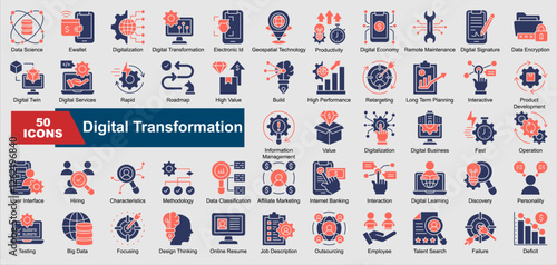 Digital Transformation collection set. Data Science, Ewallet, Digitalization, Digital Transformation, Electronic Id, Geospatial Technology, Productivity, Digital Economy, Remote Maintenance, Digital S