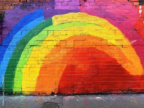 Rainbow mural on brick wall, urban alleyway, vibrant colors, LGBTQ+ pride