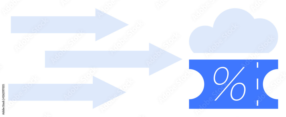 Three arrows directed towards a blue ticket with a white percentage sign under a cloud. Ideal for digital marketing, sales strategies, cloud savings, online promotions, e-commerce, discounts