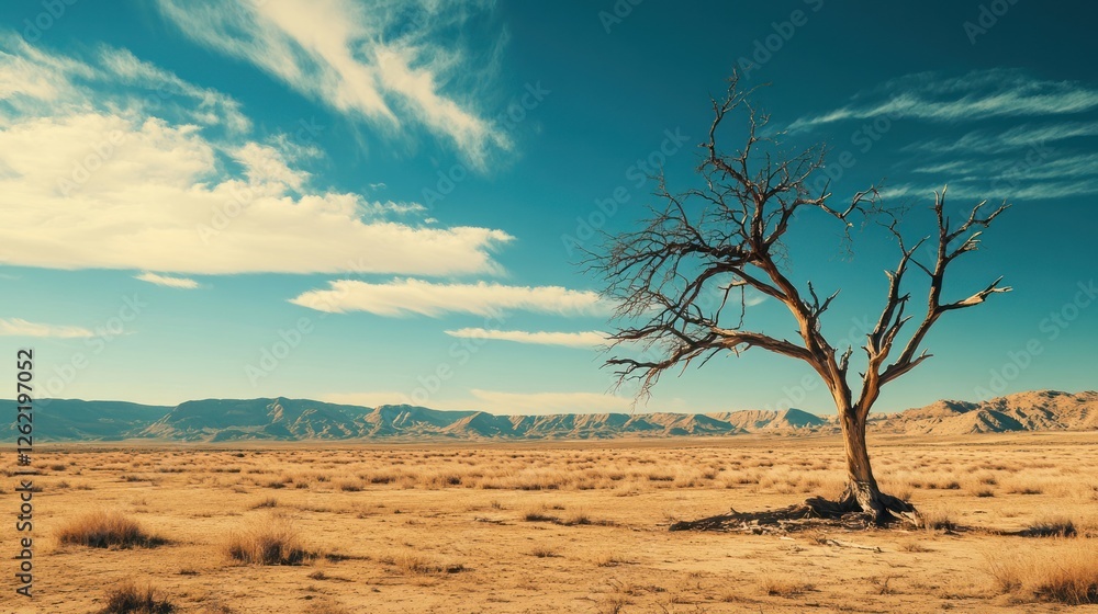 Lone dead tree desert landscape, mountains background, arid climate, nature photography