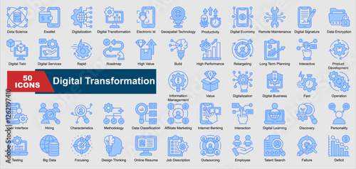 Digital Transformation collection set. Data Science, Ewallet, Digitalization, Digital Transformation, Electronic Id, Geospatial Technology, Productivity, Digital Economy, Remote Maintenance, Digital S