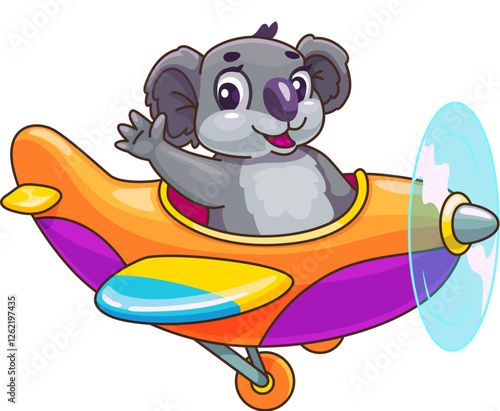 Cartoon koala pilot on plane or baby animal character, vector funny kids personage. Happy koala pilot flying in propeller plane with smile and waving Hi or Goodbye for kids zoo animals on planes