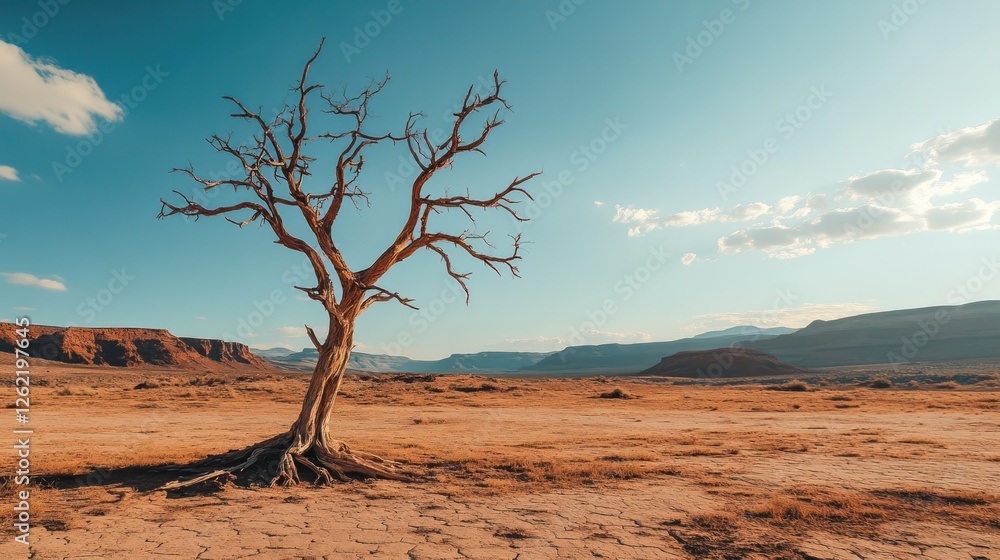Lone dead tree in desert landscape, sunset, arid Lone dead tree in desert landscape, sunset, arid