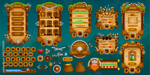 Medieval Vikings game interface. Vintage martial game buttons, gui elements game asset featuring wooden menus and interactive icons, incorporate swords, shields, axes and treasure for adventure or rpg