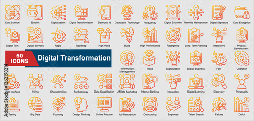 Digital Transformation collection set. Data Science, Ewallet, Digitalization, Digital Transformation, Electronic Id, Geospatial Technology, Productivity, Digital Economy, Remote Maintenance, Digital S