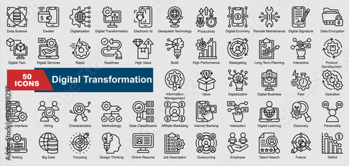 Digital Transformation collection set. Data Science, Ewallet, Digitalization, Digital Transformation, Electronic Id, Geospatial Technology, Productivity, Digital Economy, Remote Maintenance, Digital S