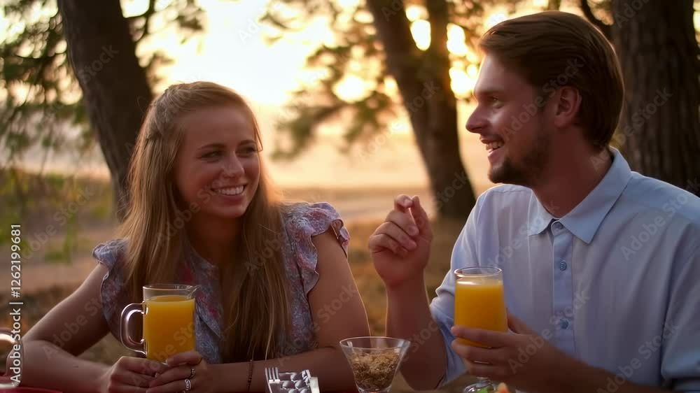 Happy couple enjoying romantic picnic at sunset Happy couple enjoying romantic picnic at sunset