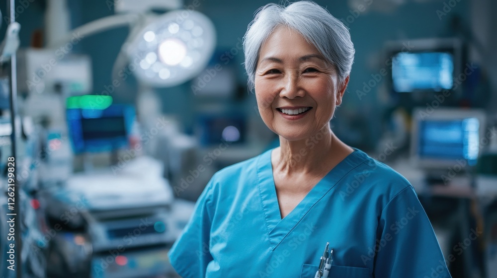 Fototapeta premium A cheerful elderly woman in medical scrubs smiles warmly in a healthcare setting. Her confidence and kindness reflect her dedication to patient care and expertise.