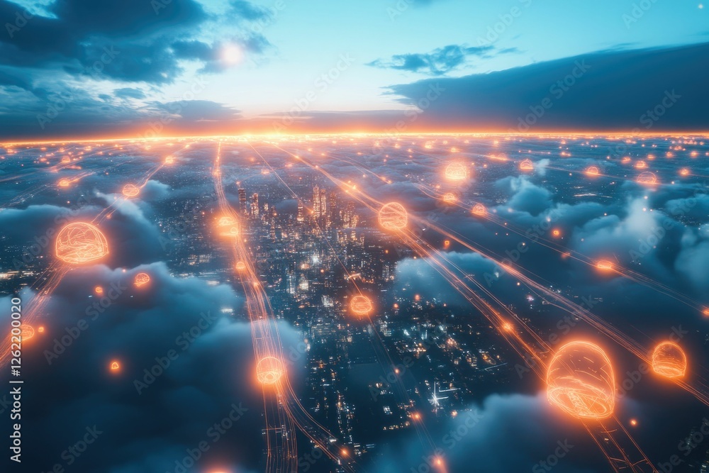 Obraz premium Glowing orbs above a city, illuminated clouds, network lines.