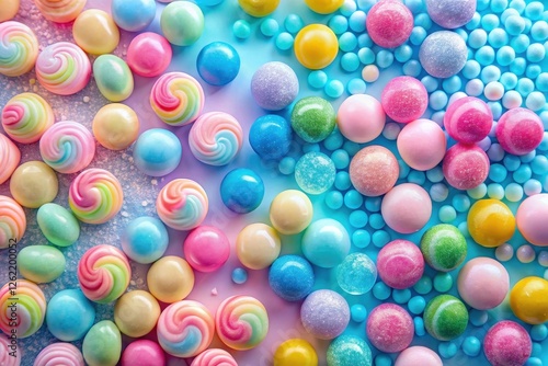 Pastel-Colored Candies and Gumballs Arranged in a Delightful and Appealing Swirl Pattern, Creating a Visually Stunning and Sweet Treat Background