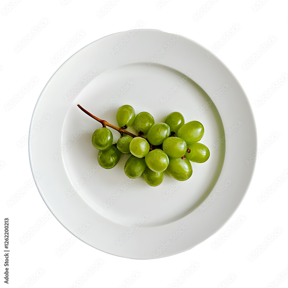 Fresh green grapes on white plate food photography minimalist style indoor setting close-up view for healthy eating Fresh green grapes on white plate food photography minimalist style indoor setting close-up view for healthy eating