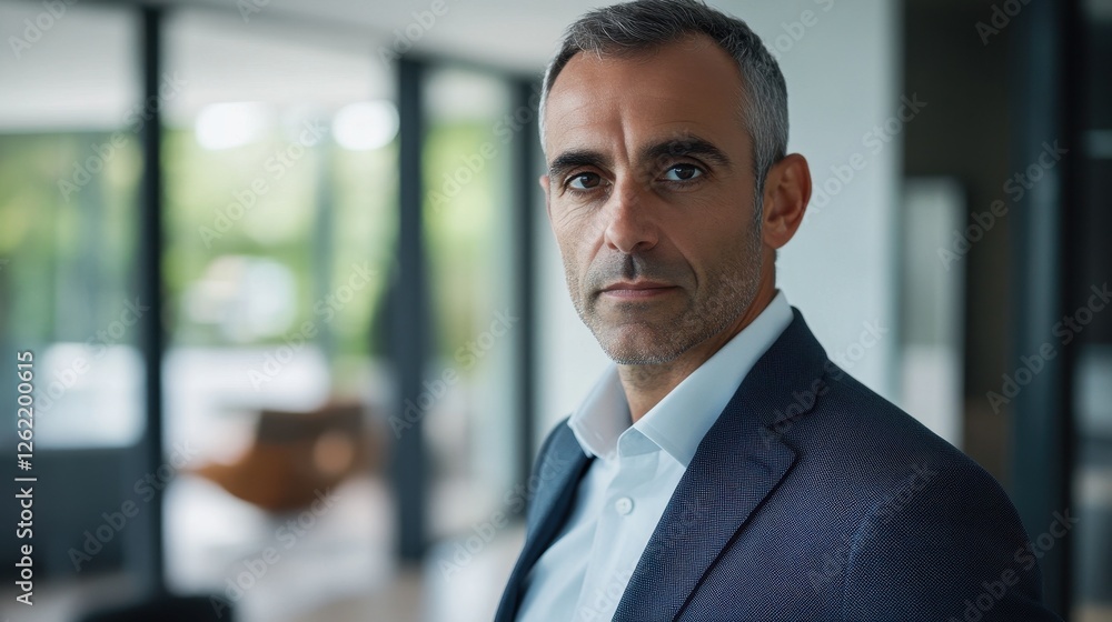 A focused portrait of a middle-aged man in business attire, showcasing a serious expression. The image captures his confident demeanor within a modern indoor setting. A focused portrait of a middle-aged man in business attire, showcasing a serious expression. The image captures his confident demeanor within a modern indoor setting.