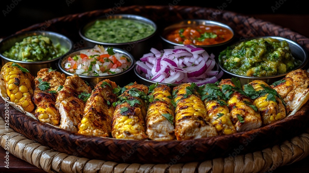 A vibrant platter of grilled corn and various dips, showcasing rich culinary diversity. A vibrant platter of grilled corn and various dips, showcasing rich culinary diversity.