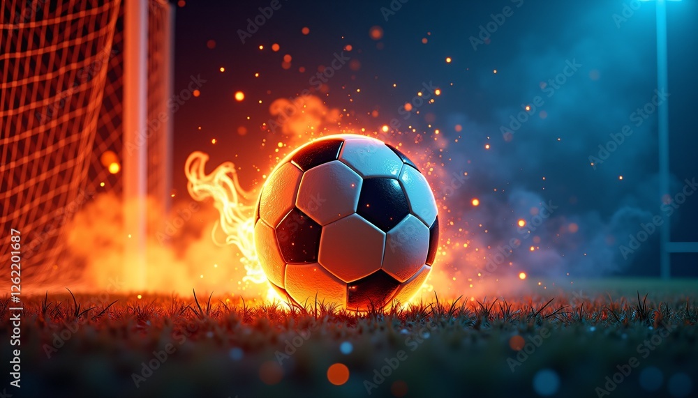 Fototapeta premium Fiery soccer ball glowing with flames near goalpost in dramatic lighting