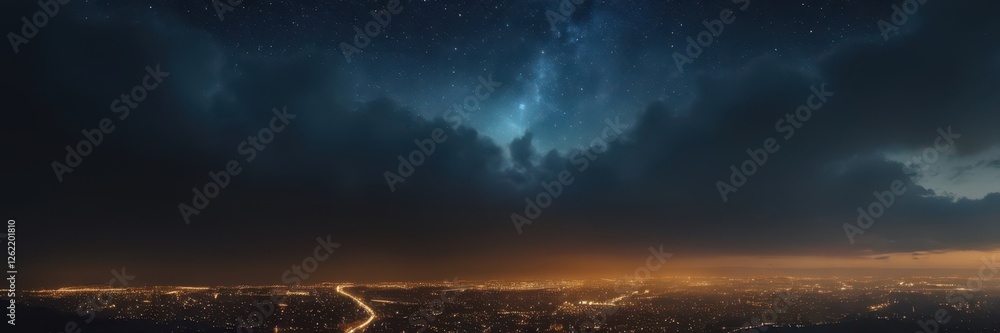 Obraz premium panorama of the night city in the distance shines lights huge night sky with stars, beautiful night landscape, blog about traveling, flying, meditation, holidays, urban environment