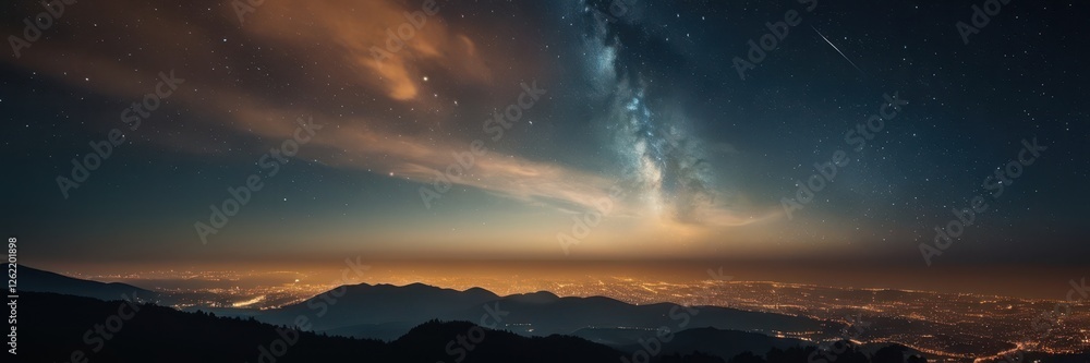 Naklejka premium panorama of the night city in the distance shines lights huge night sky with stars, beautiful night landscape, blog about traveling, flying, meditation, holidays, urban environment